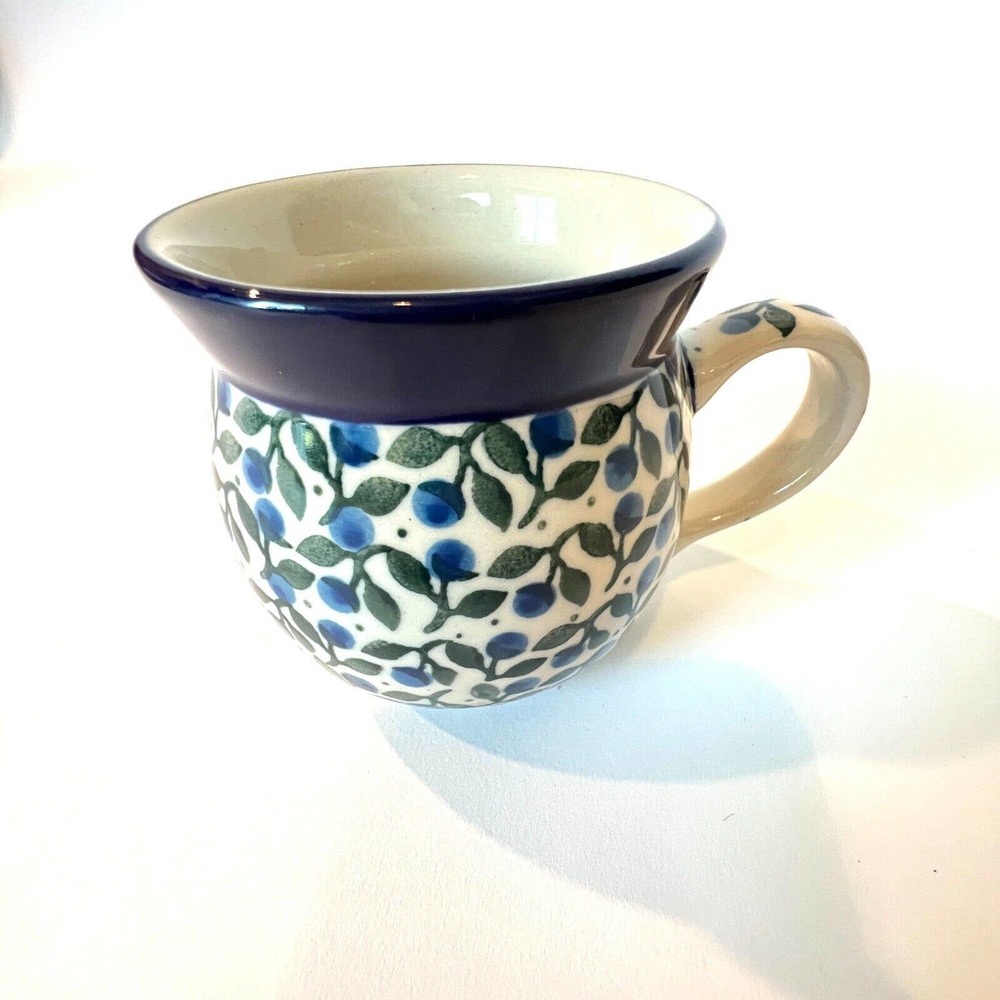 Polish Pottery Bubble Mug 8oz Ceramika Artystyczna Berry Pattern Blue Green Leaf